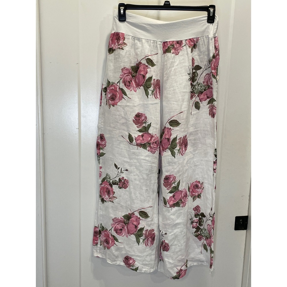 Boho Chic Resort Romantic 100% Linen Palazzo Pants Floral Coastal Flowy READ
